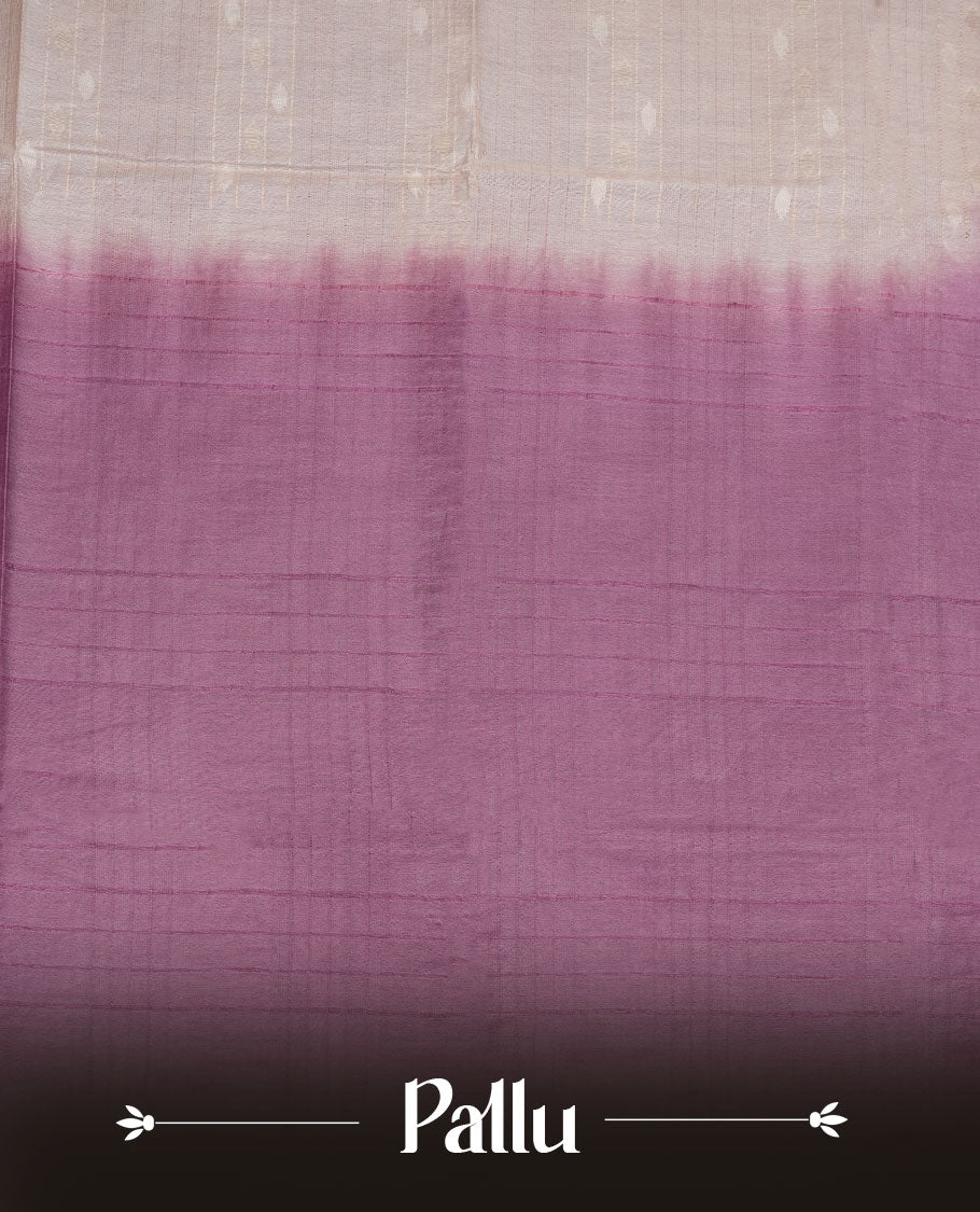 Cream & Purple dye pattern colour semi jute saree highlighting white stripped body, without border and paired with matching blouse.