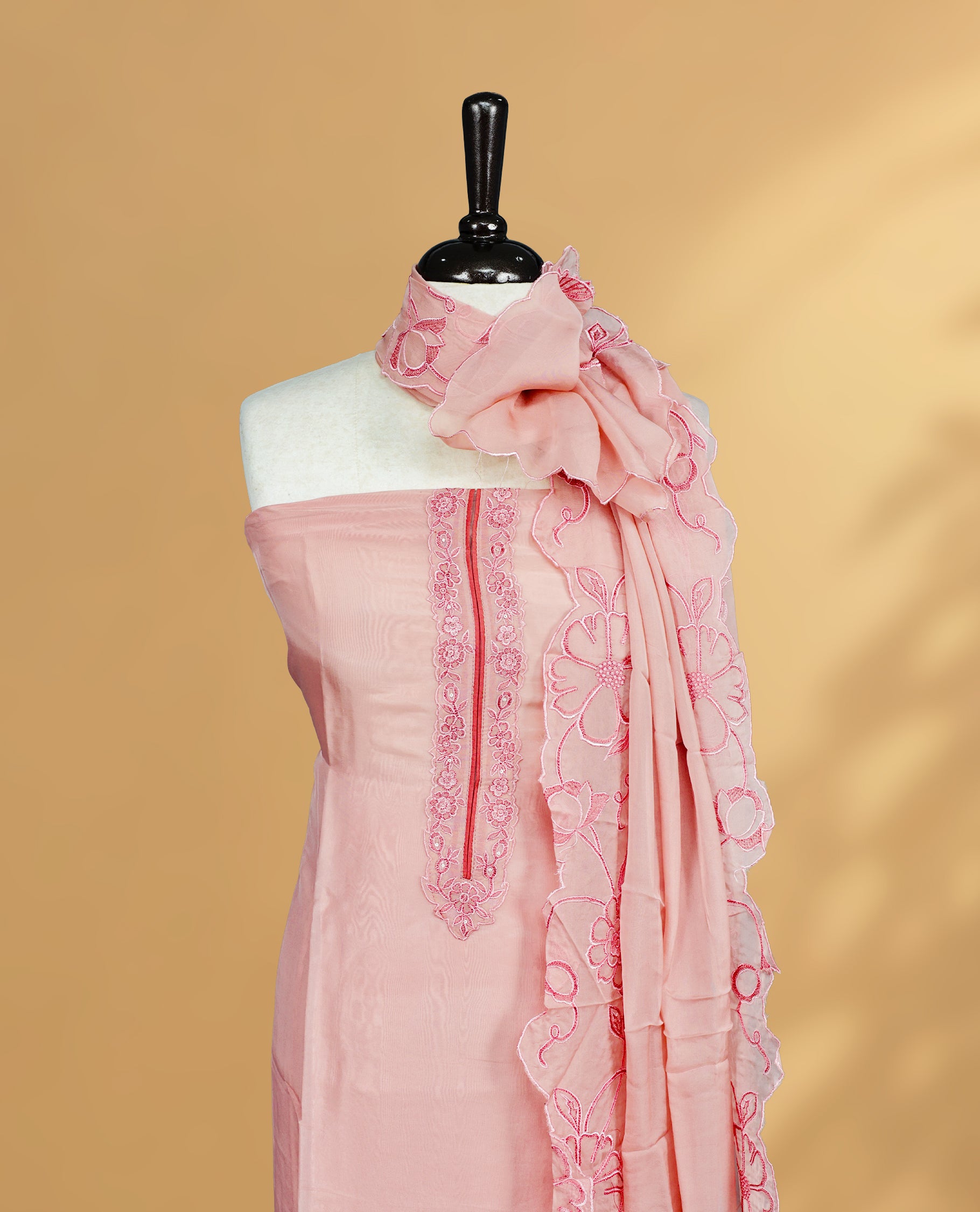 Baby Pink colour Salwar material Featuring Thread worked Body, Paired with Matching Bottom, Scalp Detailed Dupatta.