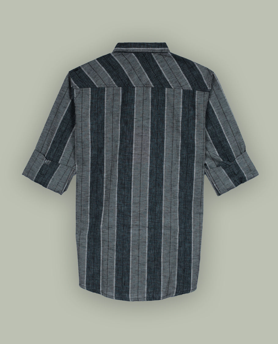 Grey colour striped shirt featuring a smart classic collar and comfortable full sleeves, Crafted in a soft fabric with a front button placket and minimal chest text print, giving a casual yet stylish appeal.