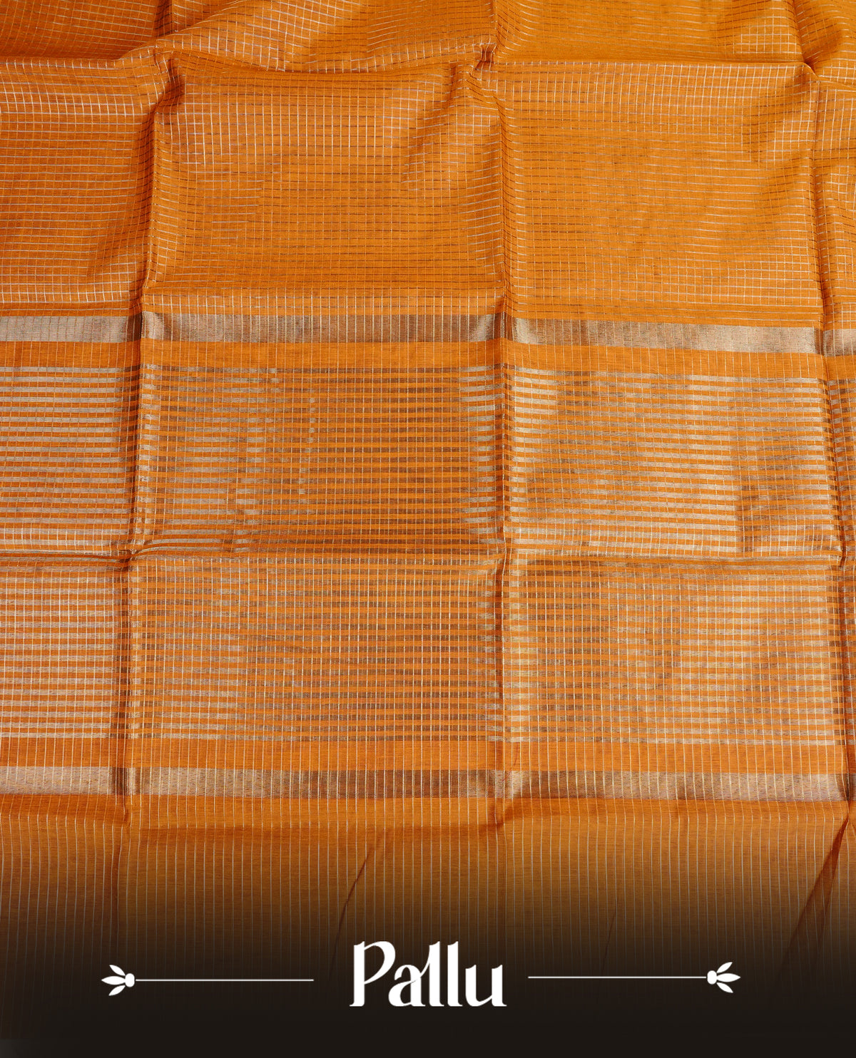 Mustard yellow colour Maheshwari cotton saree, gold zari small checks on body, complement self colour gold zari temple design border comes with matching blouse.