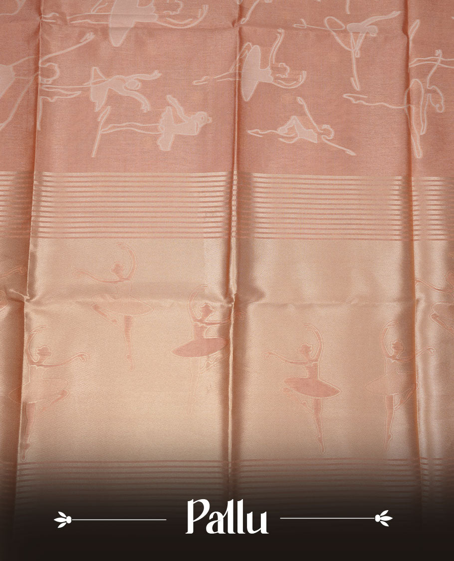 Sandal colour semi tussar silk saree, featuring an intricate white dancing women motif on the body and pallu with gold zari , comes with matching blouse.
