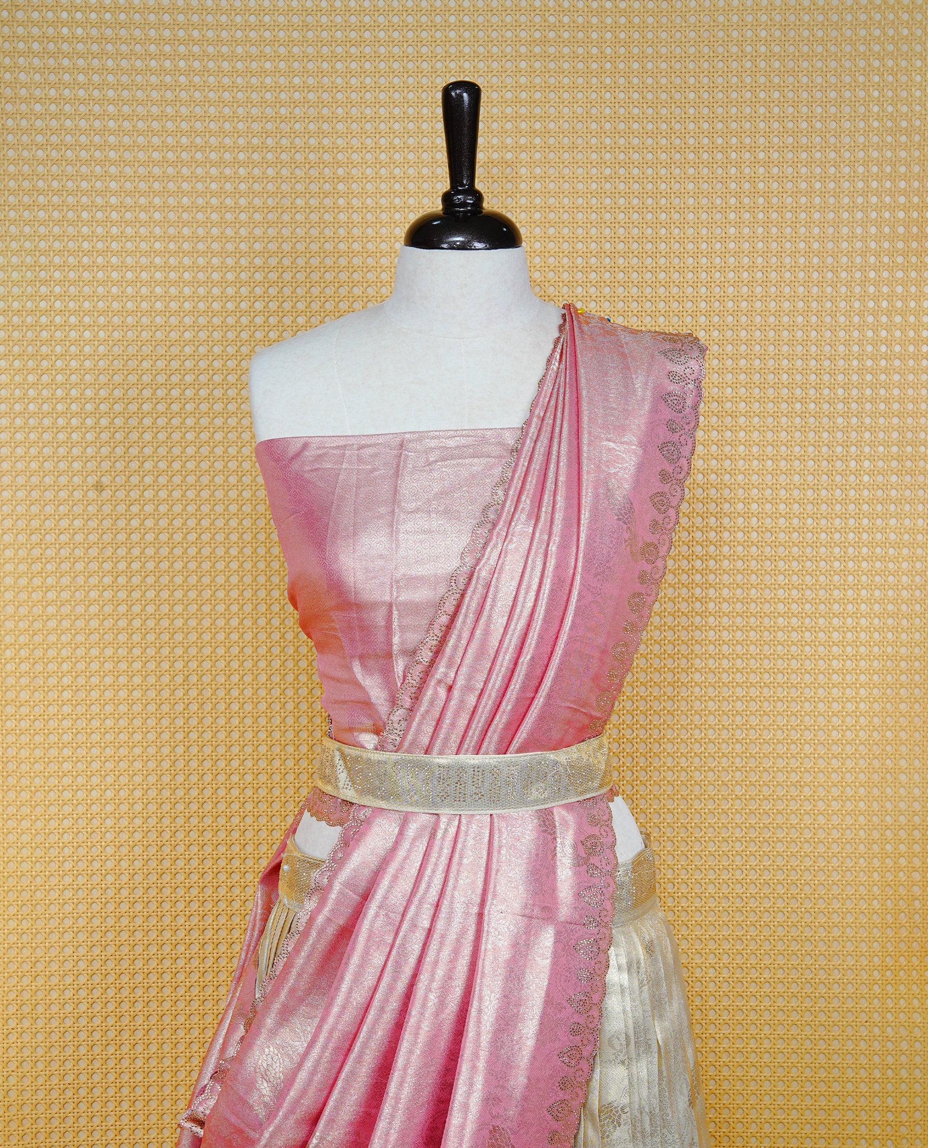 Light gold & Light pink Semi Stitched Dhavani Set Light Gold Skirt With Peacock Pattern With Stone Worked Border, Paired with Unstitched Blouse, Elegant Dupatta For Prefect look.