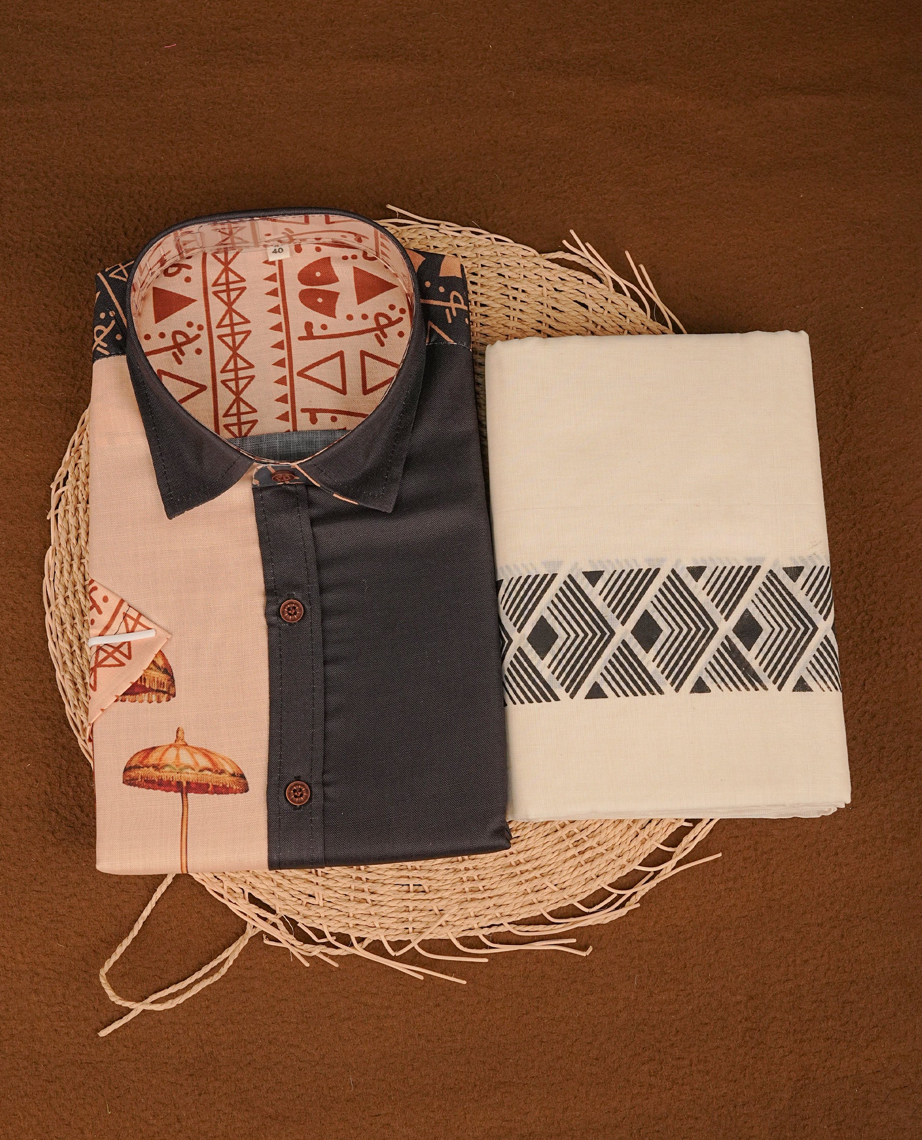 Black & cream colour shirt featuring Pattern printed body, paired with cream colour double dhoti featuring Black colour printed border.