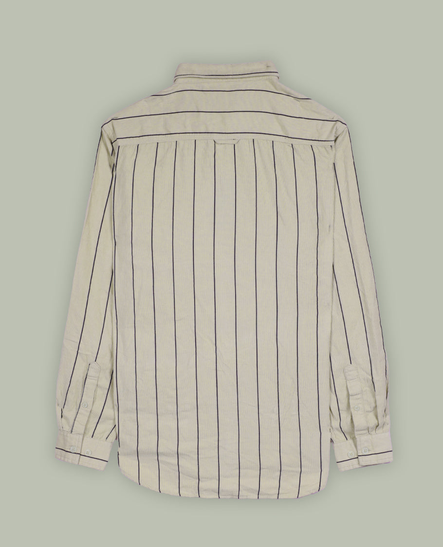 Beige colour shirt featuring sleek black vertical lines for a modern appeal, Designed with a classic collar and full sleeves, this versatile piece blends style and comfort, perfect for both formal and casual occasions.