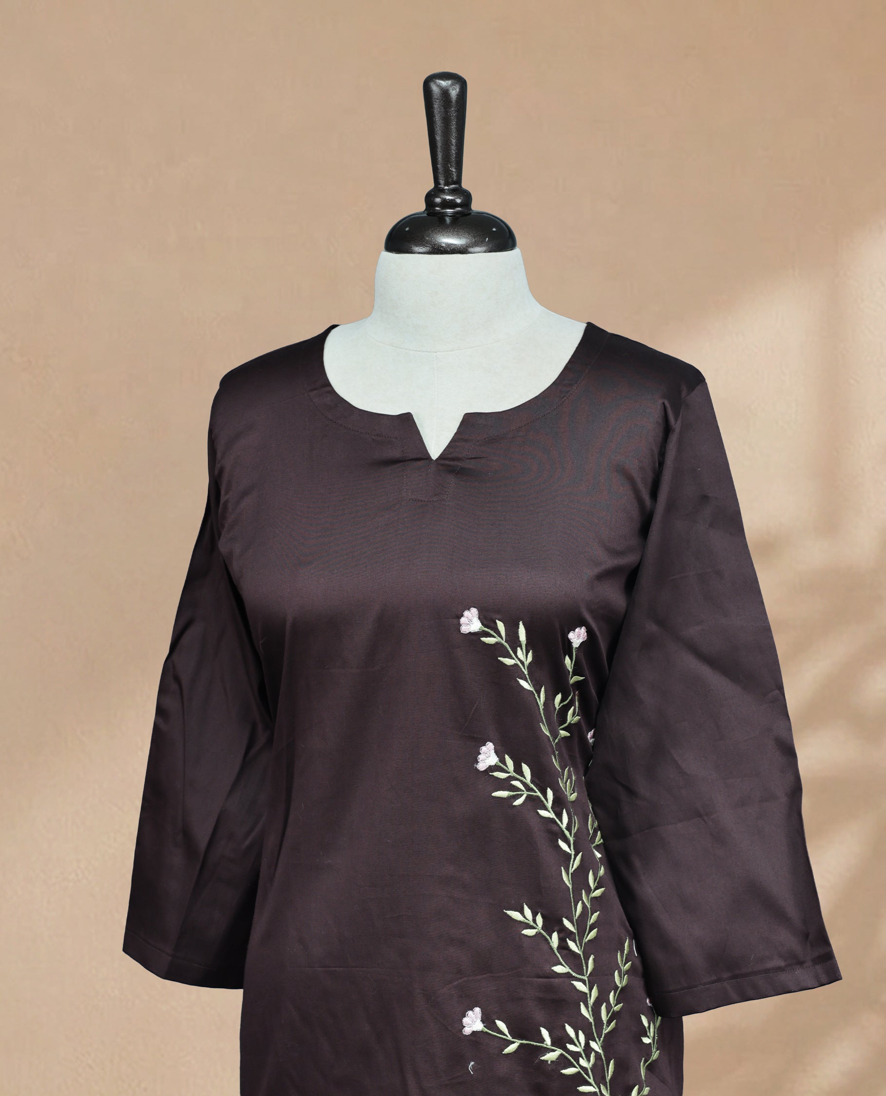 Dark Chocolate Colour Kurti Featuring U-Shaped Neckline, delicate floral vine embroidery Work On Body & Sleeve
