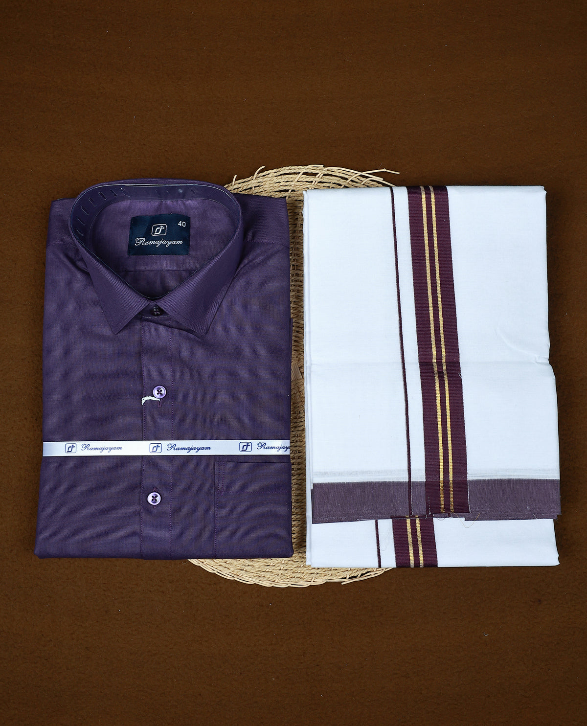 Purple colour RAMAJAYAM shirt paired with a matching dhoti, finishing with a Purple & gold kara