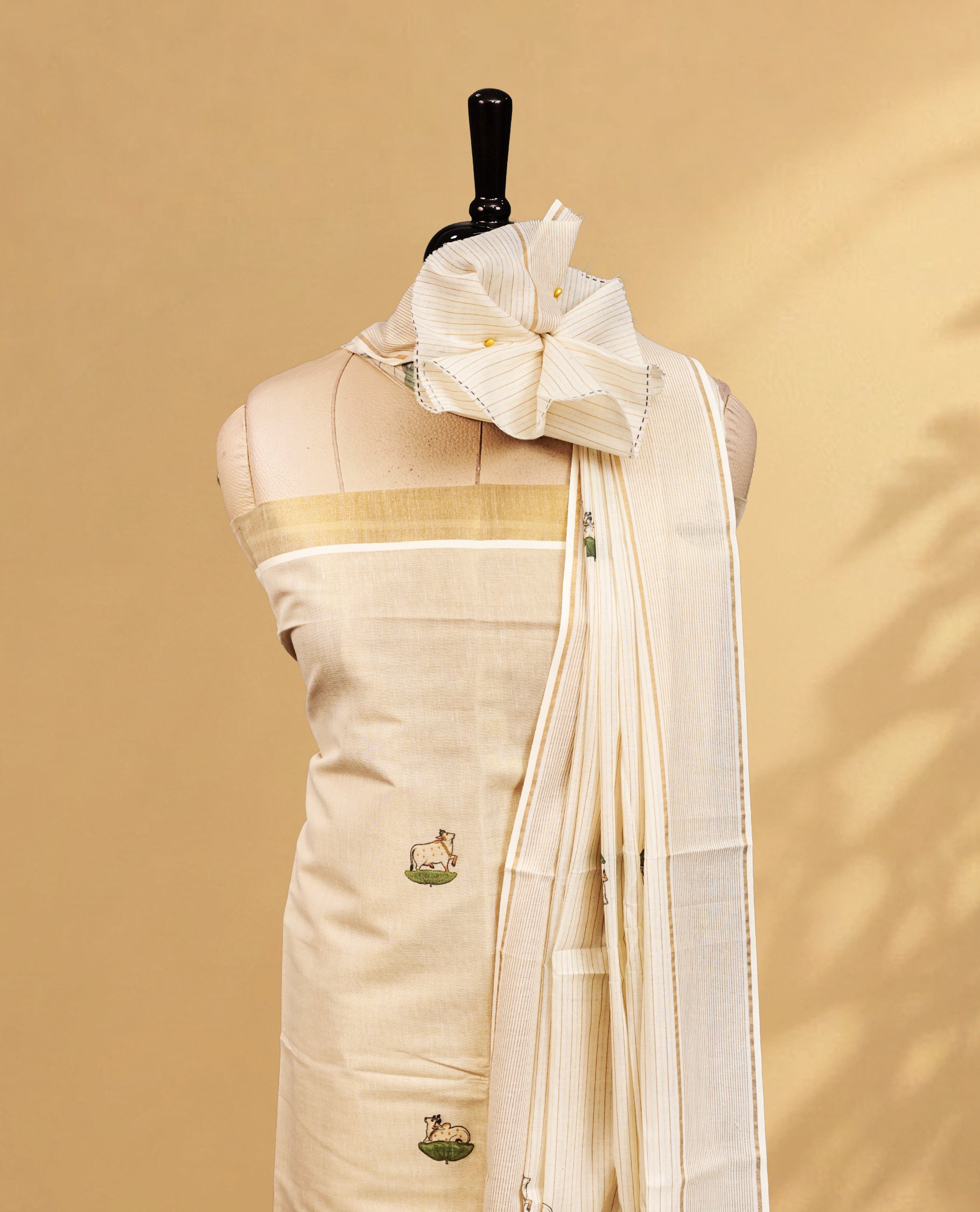 Cream Colour Tissue Salwar Material Featuring Lotus Print on body, paired with matching Bottom & Elegant Dupatta.