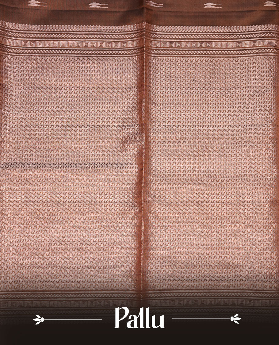 Olive Brown colour soft silk saree featuring gold zari motifs on body, complemented by self colour with traditional border with tassel at pallu, paired with matching blouse piece.
