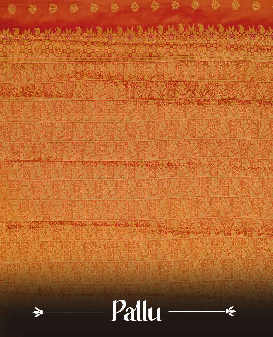 Orange colour soft silk saree featuring Gold zari motifs on body, complemented by self colour with traditional border, paired with matching blouse piece.