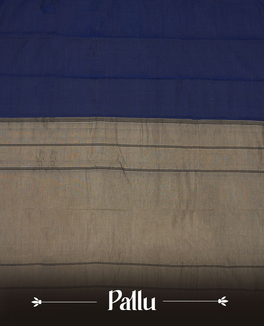 Navy blue colour Narayanapattu cotton saree featuring a self coloured body, contrast cream colour zari border and pallu, pairing a matching blouse piece.