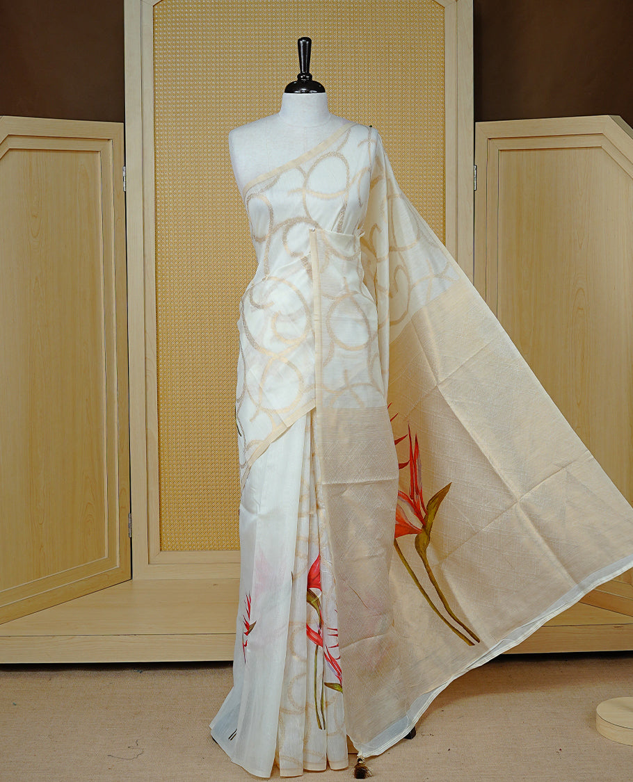Cream colour Kerala saree featuring Light Gold Zari pattern, Red floral printed border & zari Border, pallu ,comes with matching blouse piece.
