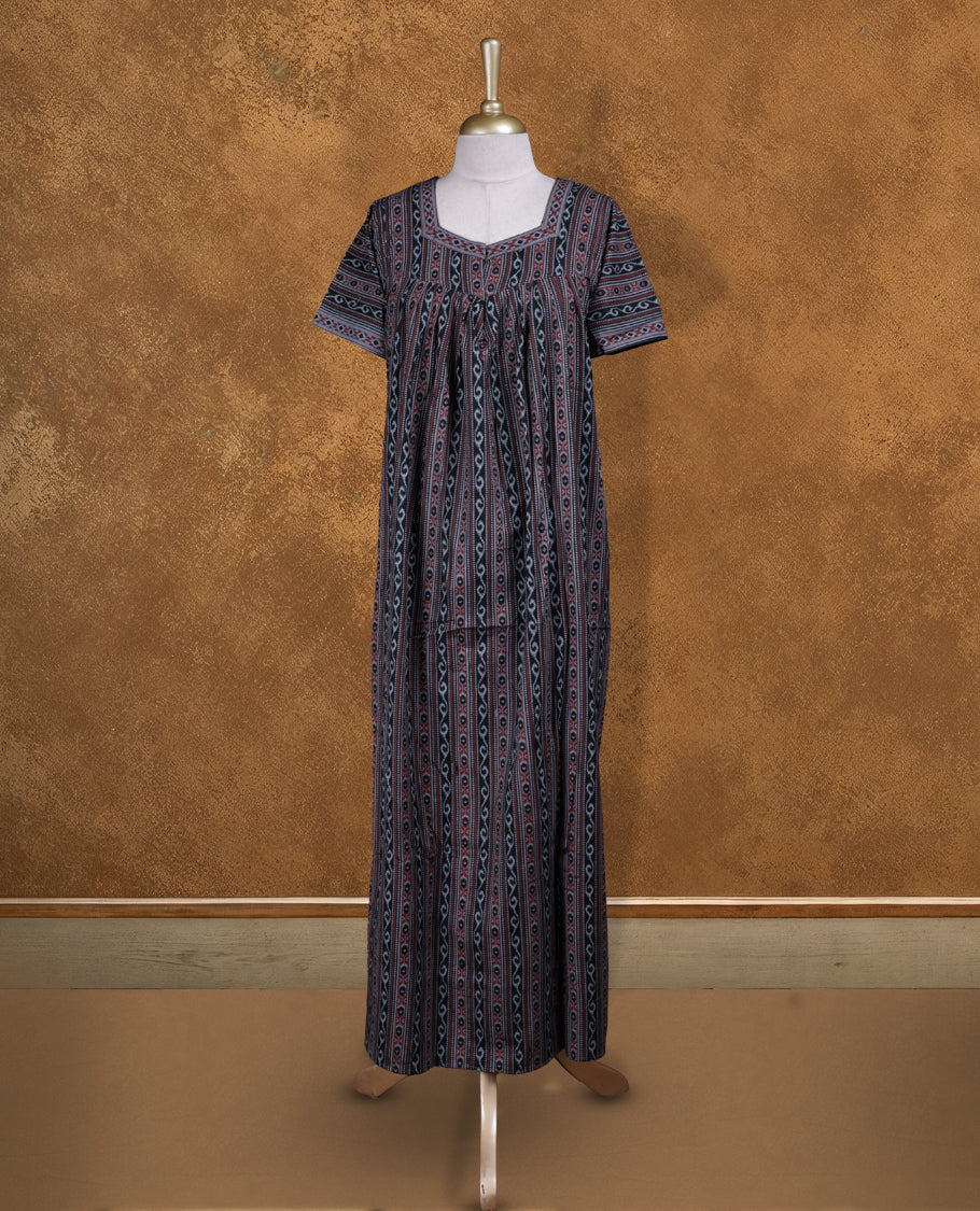 Black colour NStyle nighty featuring red & gray Geometric patterns, a Diamond neckline , short sleeves, and a full ankle-length design.
