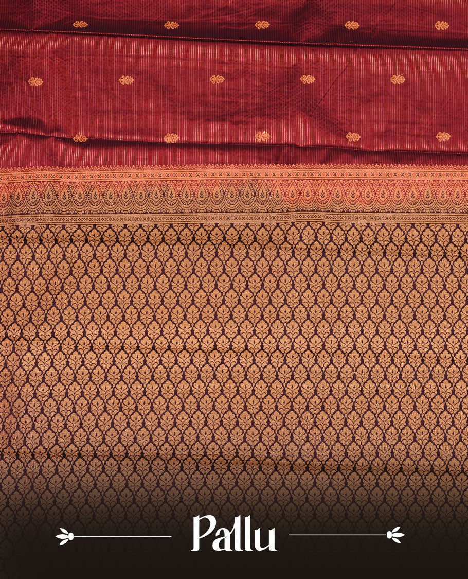 Maroon colour soft silk saree featuring gold zari check & motifs on body, complemented by contrast dark chocolate colour with zari border, paired with matching blouse piece.