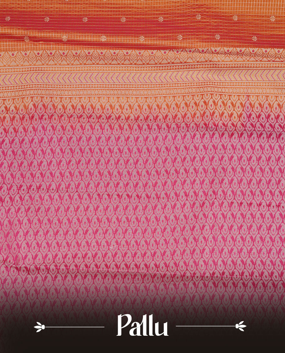 Orange colour soft silk saree featuring Gold zari check & motifs on body, complemented by contrast magenta colour with traditional border, paired with matching blouse piece.
