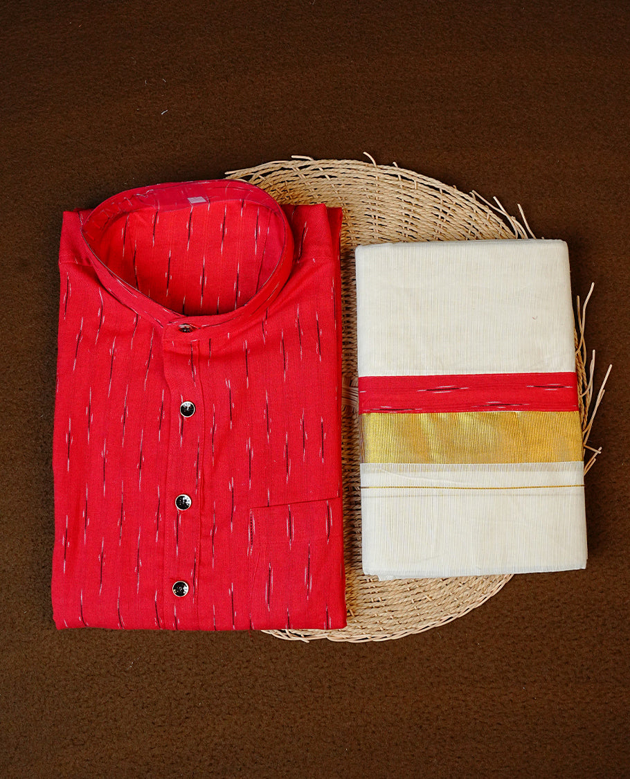 Red Colour Full-Sleeve Kurtha with Strip Prints, Paired with a Cotton Double Dhoti Featuring Matching Prints.