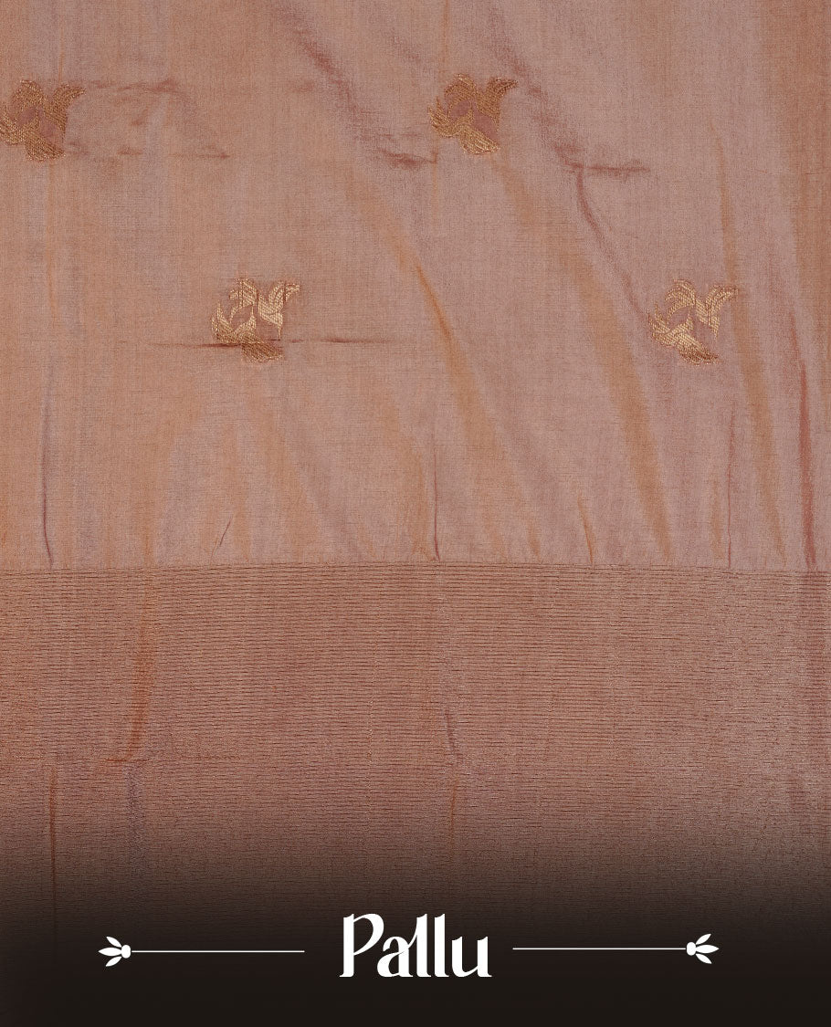 Coffee colour semi banaras tussar silk saree highlighting gold zari bird motifs on body, complemented by self colour with antique zari border, paired with matching blouse piece.
