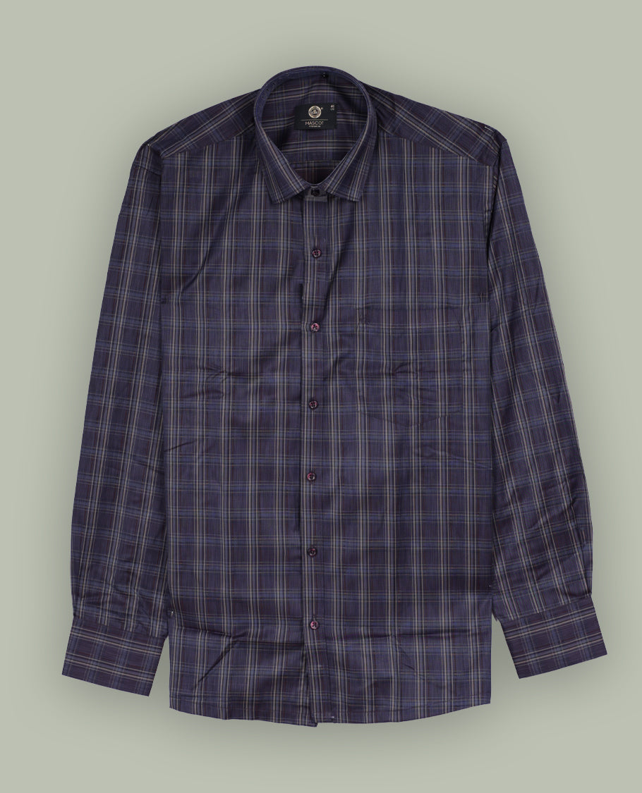 Dark navy blue colour checkered shirt with subtle beige and grey lines, Features full sleeves, buttoned cuffs, and a smart casual look.