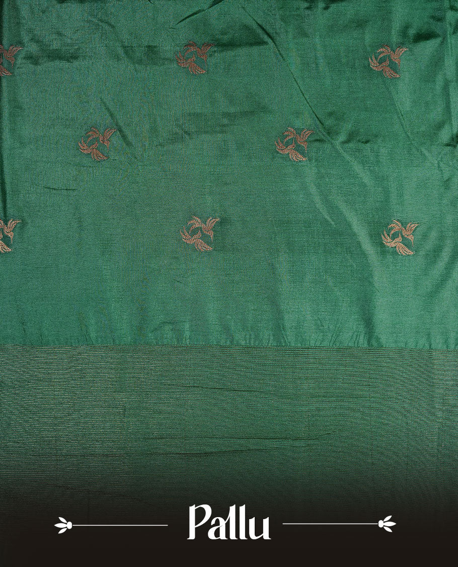 Green colour semi banaras tussar silk saree highlighting gold zari bird motifs on body, complemented by self colour with antique zari border, paired with matching blouse piece.
