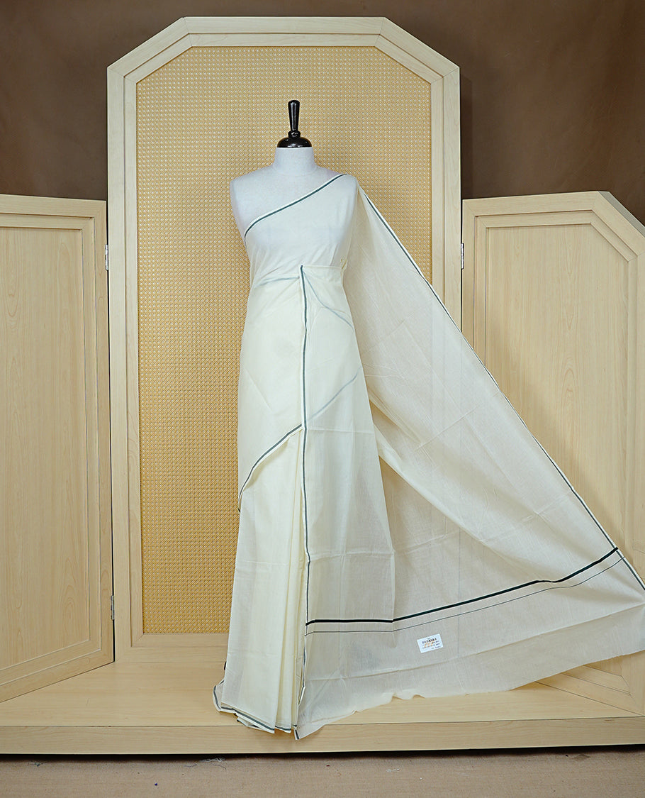 Cream Colour Cotton Kerala Saree Featuring A Classy Plain Body For Effortless Elegance, Enhanced By A Minimalist Black Border, Paired With A Matching Blouse Piece.