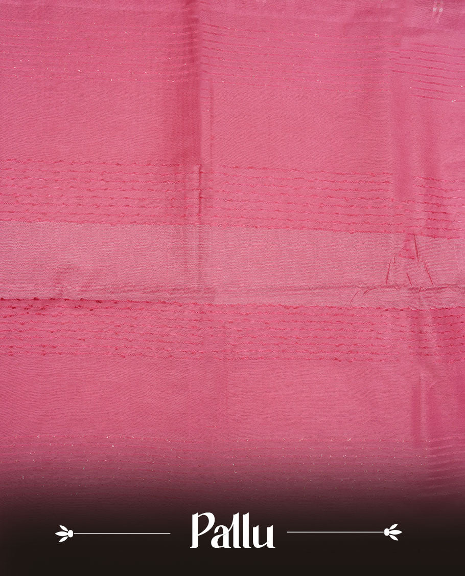 Pink colour semi jute saree highlighting white thread motifs on body, without border and paired with matching blouse.