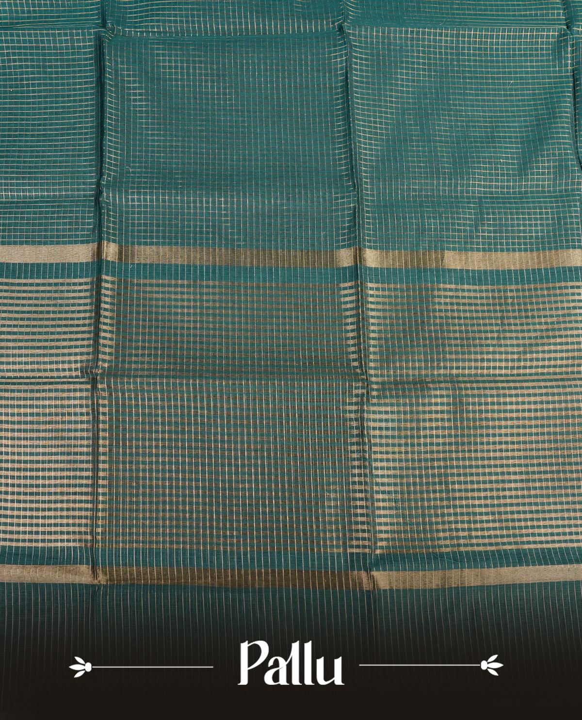 Green colour Maheshwari cotton saree, gold zari small checks on body, complement self colour gold zari temple design border comes with matching blouse.