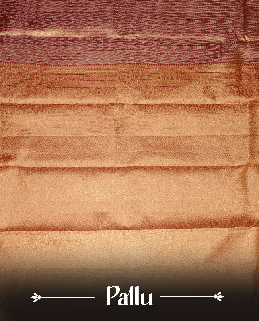 Gold & Maroon double shade colour kancheepuram tissue silk saree featuring gold zari stripeson pattern on body, complemented by contrast maroon colour with traditional border, paired with matching blouse piece.