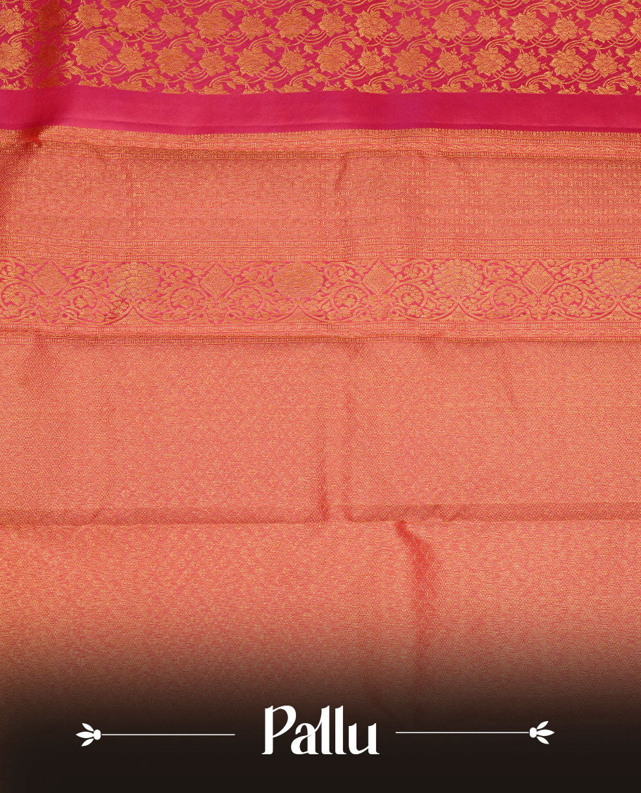 Rasberry colour kancheepuram silk saree featuring gold zari pattern across body, complemented by selfcolour border traditional zari border, paired with matching blouse piece.