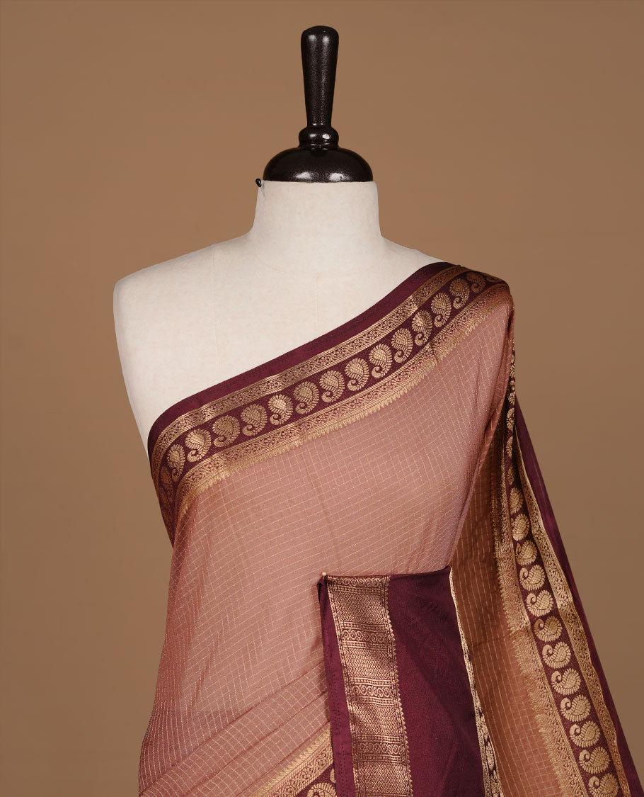 Coffee colour semi georgette saree featuring gold zari check pattern on body, complemented by contrast chocolate colour with zari border, paired with matching blouse piece.
