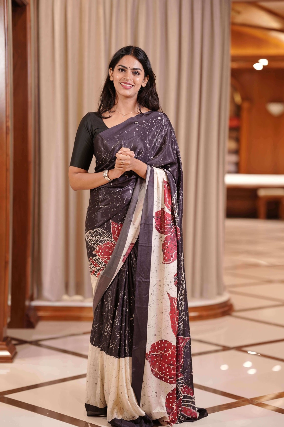 Black and Creme Masakali Saree with Flowers highlighted on Pallu with marble Design blouse