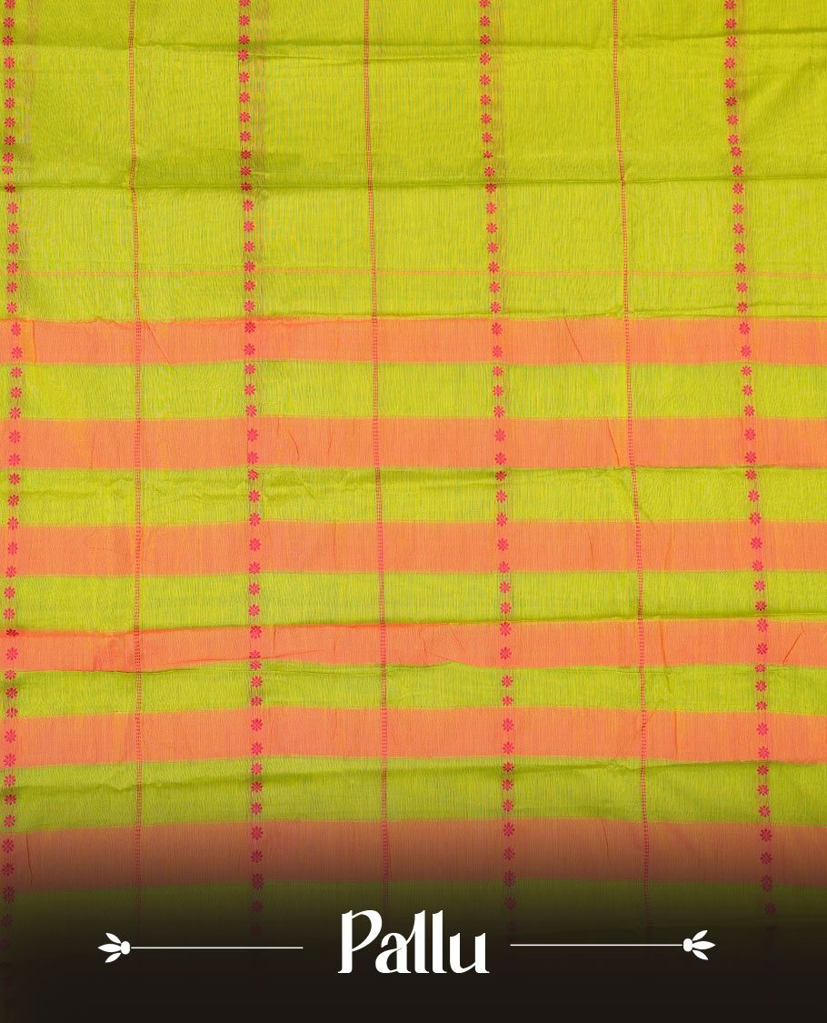 Lemon colour Narayanapattu cotton saree featuring a Rani pink colour stripped body, contrast rani pink colour with silver zari border and pallu, pairing a matching blouse piece.