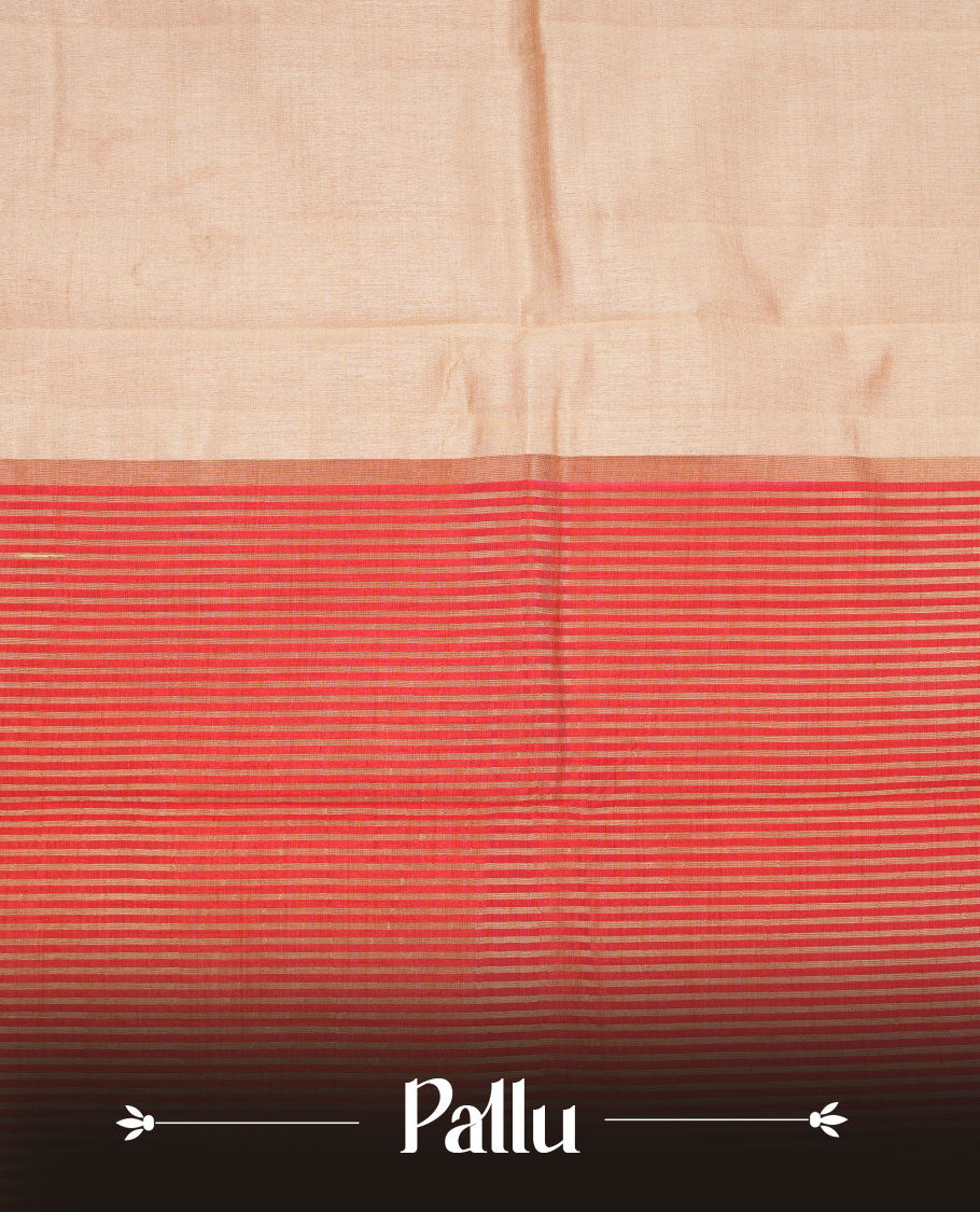 Cream colour tussar silk saree featuring elegant plain body, contrast orange colour border with gold zari, comes with matching blouse piece.
