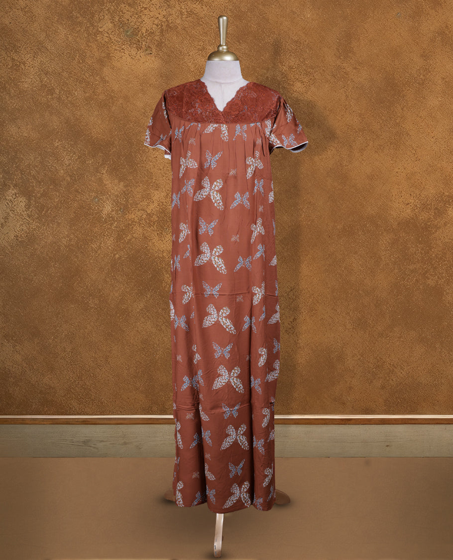 Brown colour NStyle nighty featuring Butterfly patterns, a V neckline with design lace, short sleeves, and a full ankle-length design.