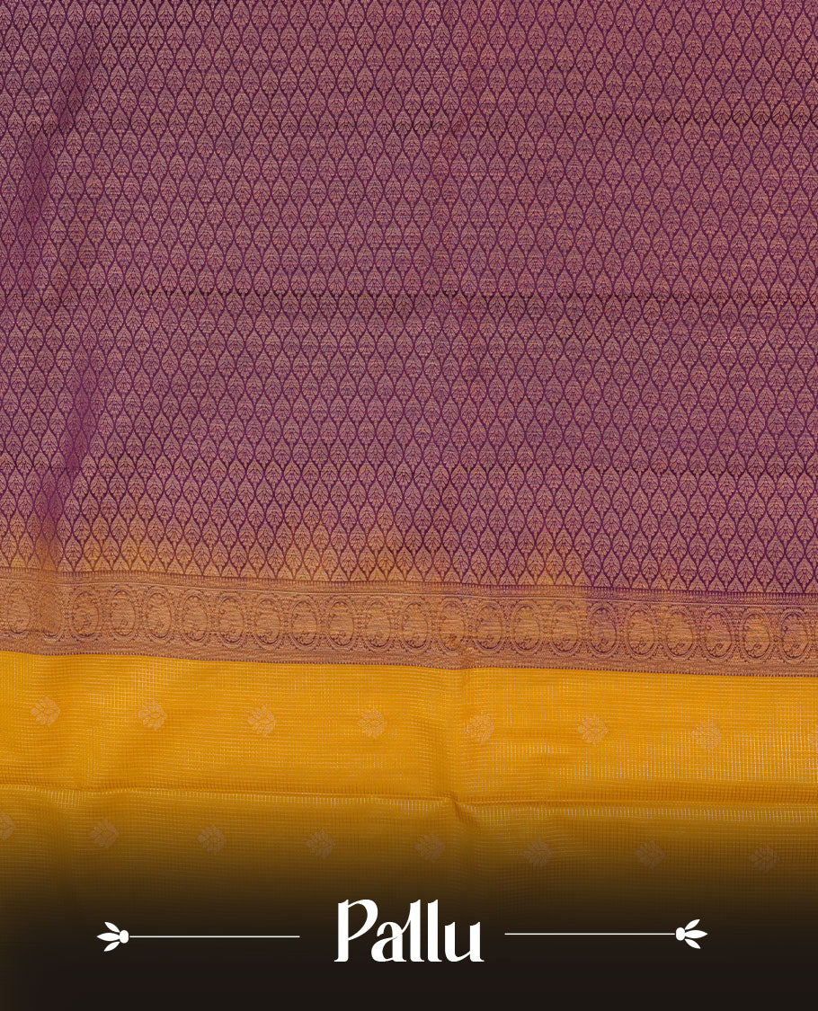 Mustard colour semi silk saree highlighting gold zari check pattern and motifs across body, featuring contrast purple colour border with gold zari pattern, comes with matching blouse .