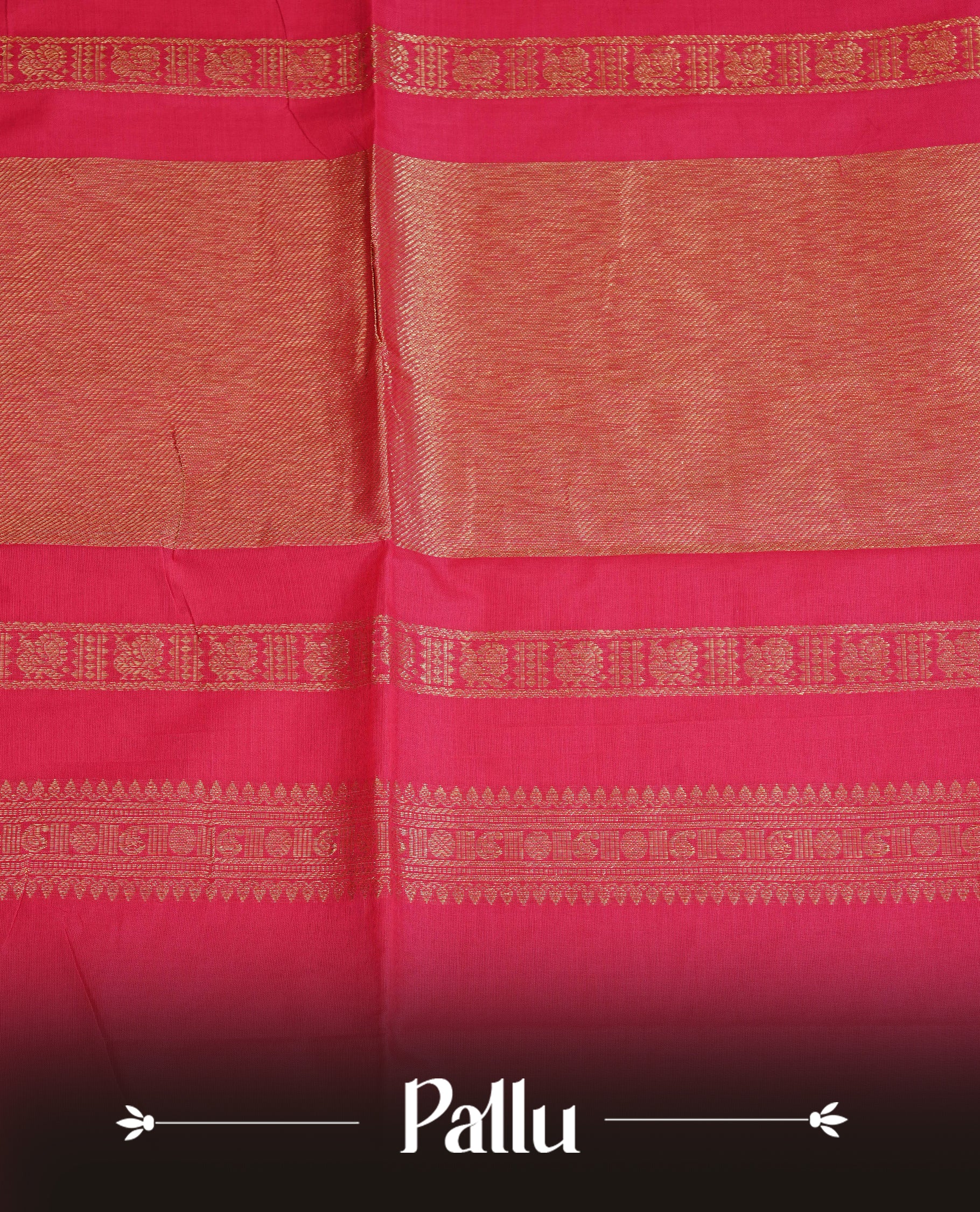 Rani pink colour chettinad cotton saree featuring gold zari motifs body, Contrast Maroon & Orange colour with Gold zari border, comes with matching blouse piece.