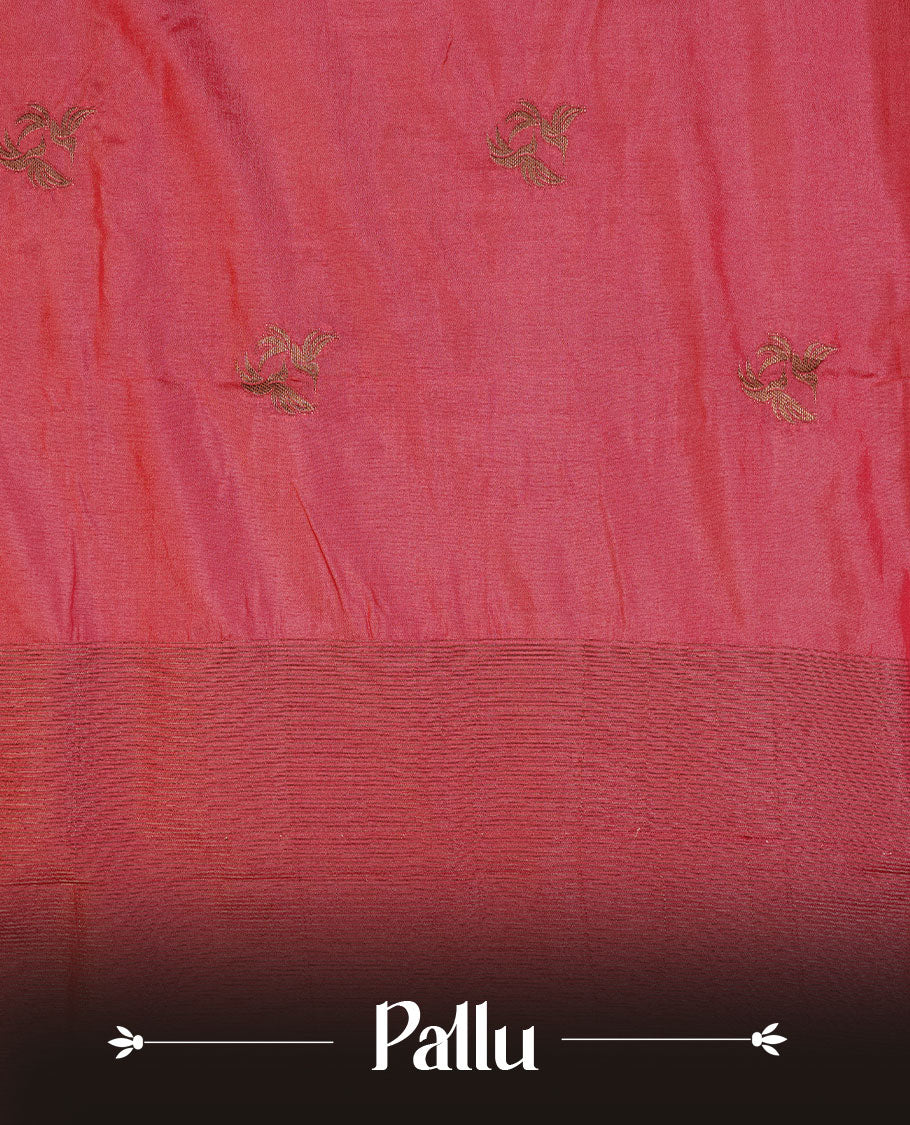Pinkish red colour semi banaras tussar silk saree highlighting gold zari bird motifs on body, complemented by self colour with antique zari border, paired with matching blouse piece.
