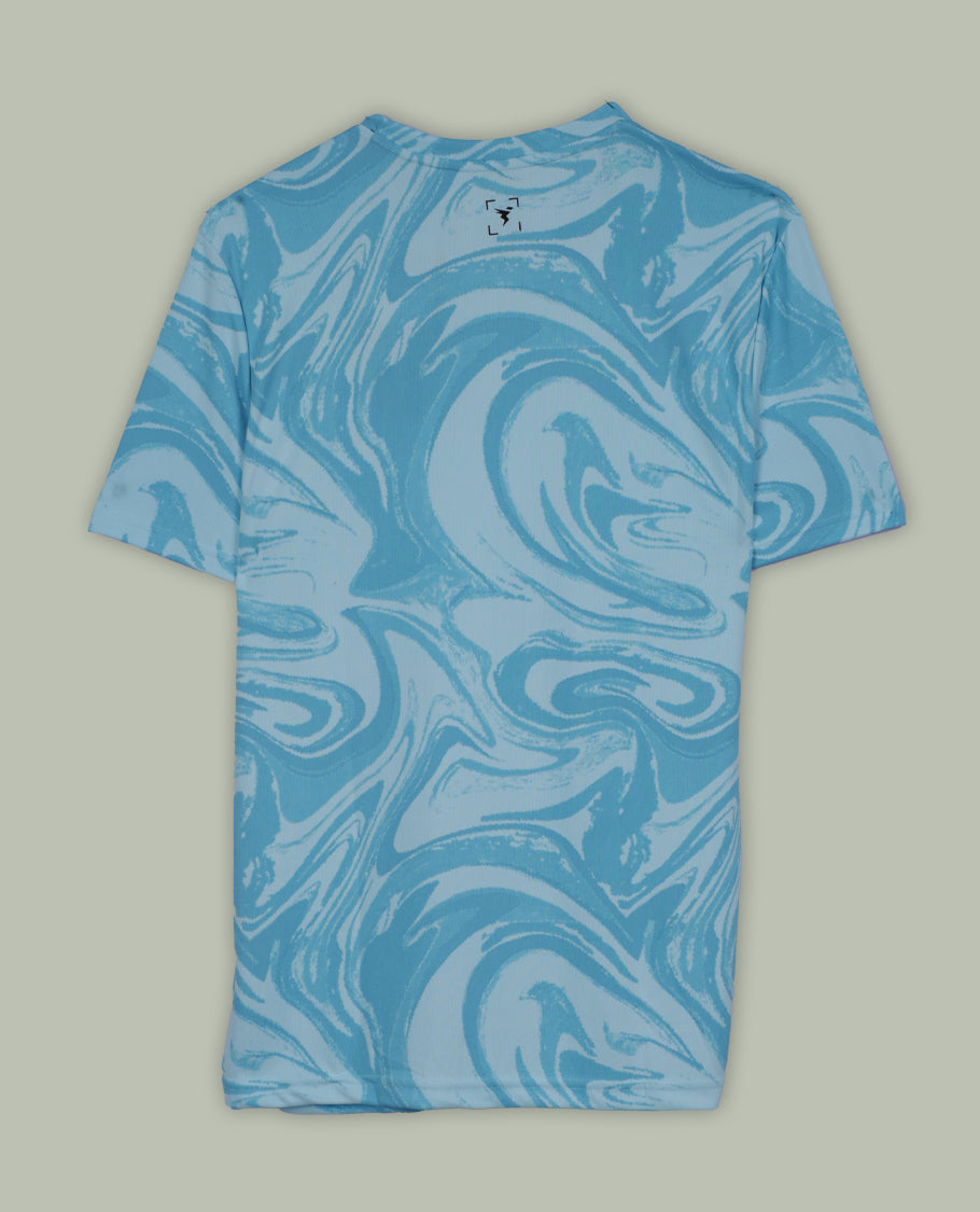 Sky blue colour T shirt featuring a subtle self print design, comfortable short sleeves, and a classic round neck for a casual, stylish look.