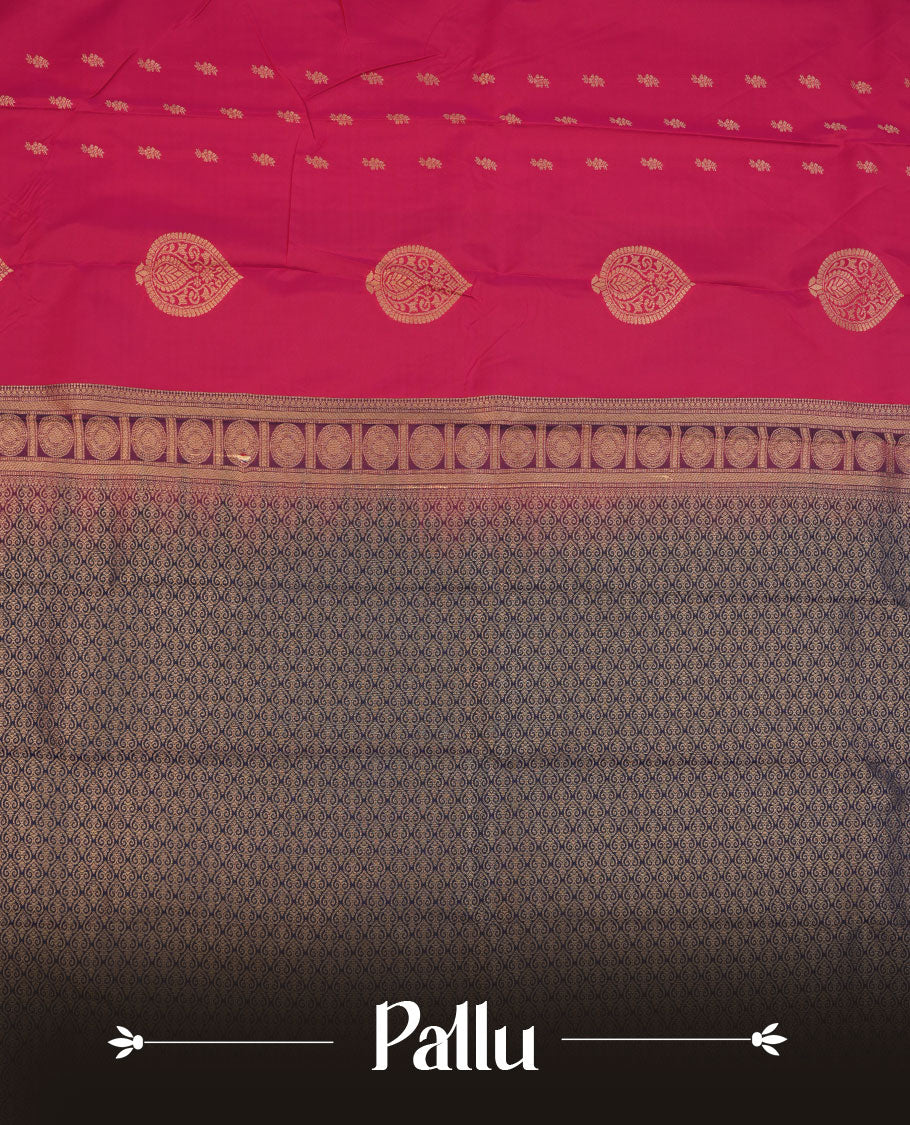 Rani pink colour semi silk saree highlighting gold zari motifs across body, featuring contrast blue colour border with gold zari pattern, comes with matching blouse .