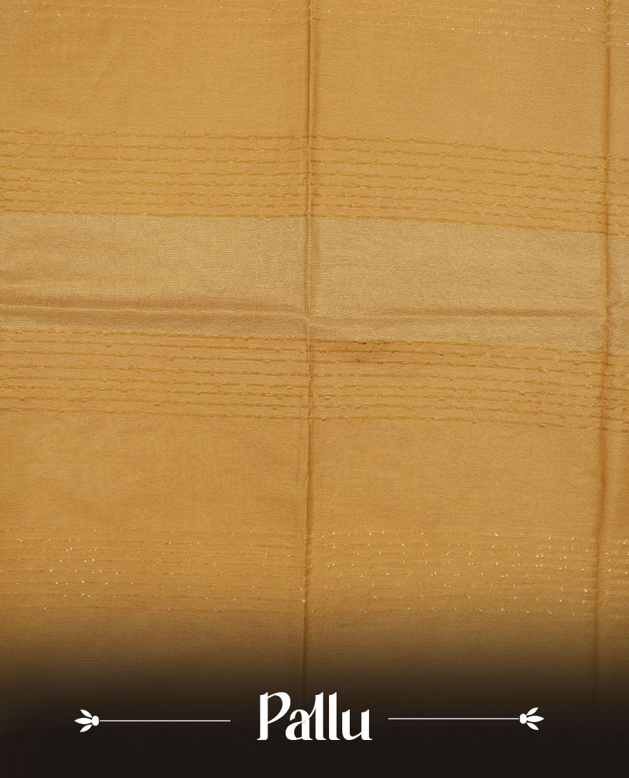 Mustard colour semi jute saree highlighting white thread motifs on body, without border and paired with matching blouse.