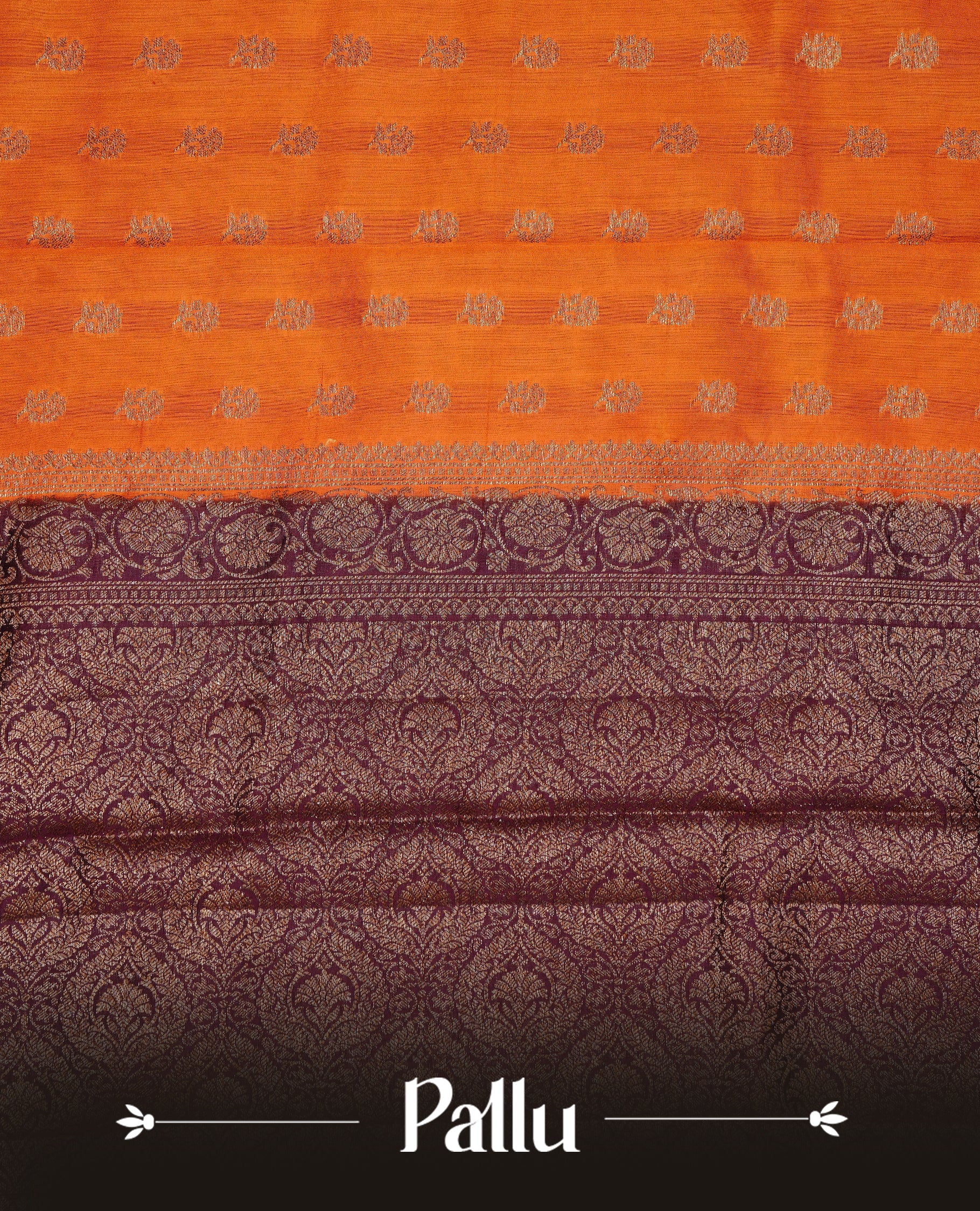 Orange colour Banaras tussar silk saree featuring elegant gold zari buttas across the body, complemented by a contrast chocolate brown border with rich zari detailing. Comes paired with a matching blouse piece.