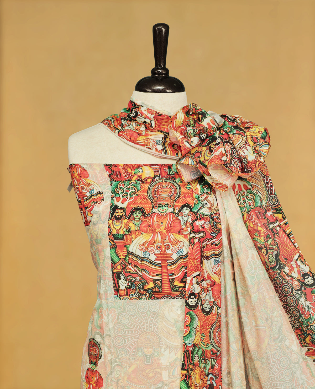 Cream colour salwar material Featuring Indian Art forms Print on body, paired with matching bottom & Elegant Dupatta.
