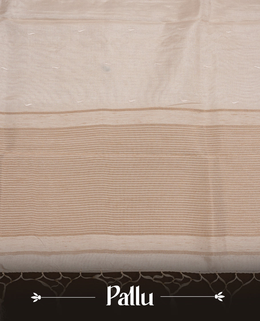 Beige colour Tussar silk saree featuring Elegant plain body, highlighting Pink colour cut work with gold zari border, pallu and paired with matching blouse piece.