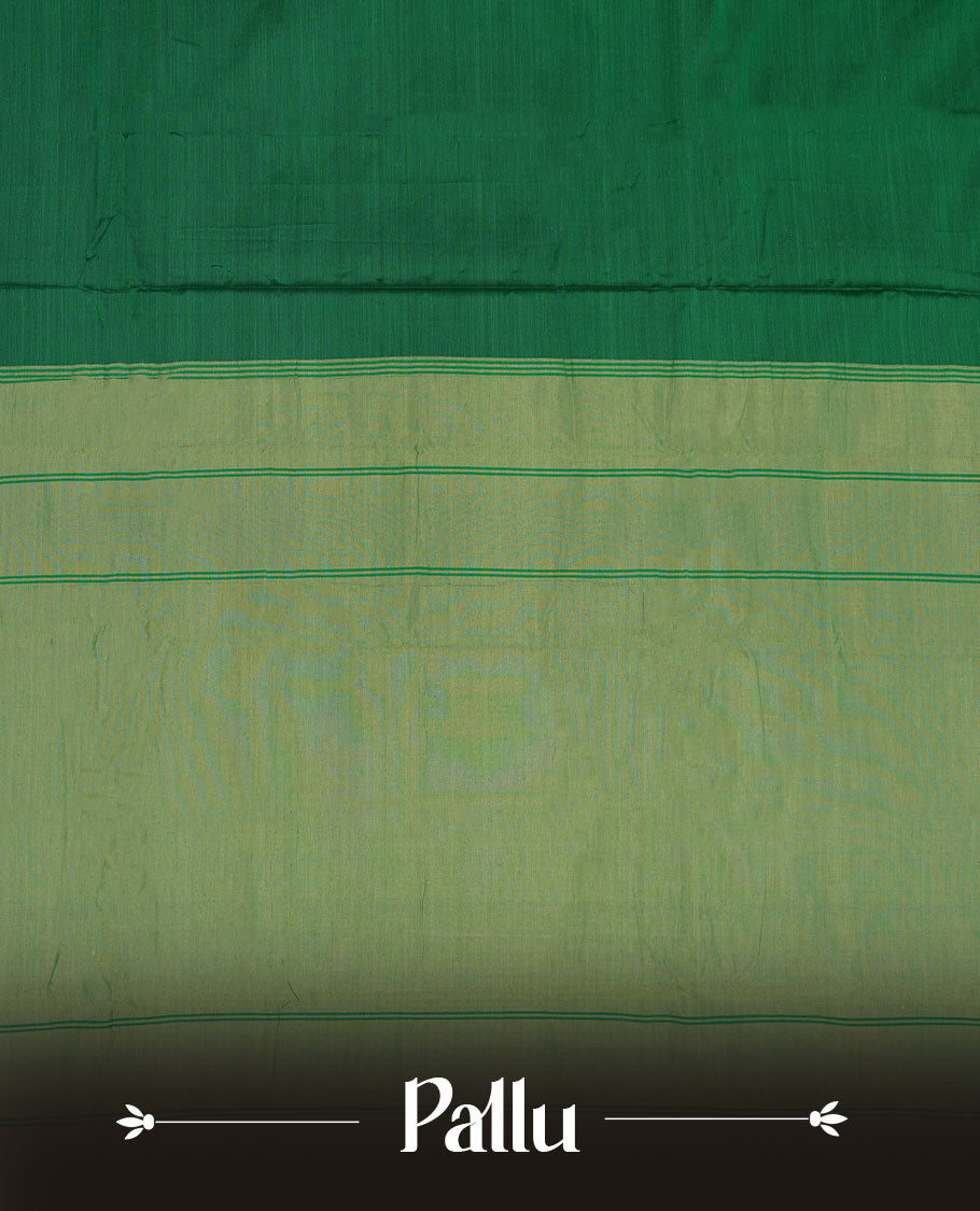 Dark green colour Narayanapattu cotton saree featuring a self coloured body, contrast Cream colour zari border and pallu, pairing a matching blouse piece.