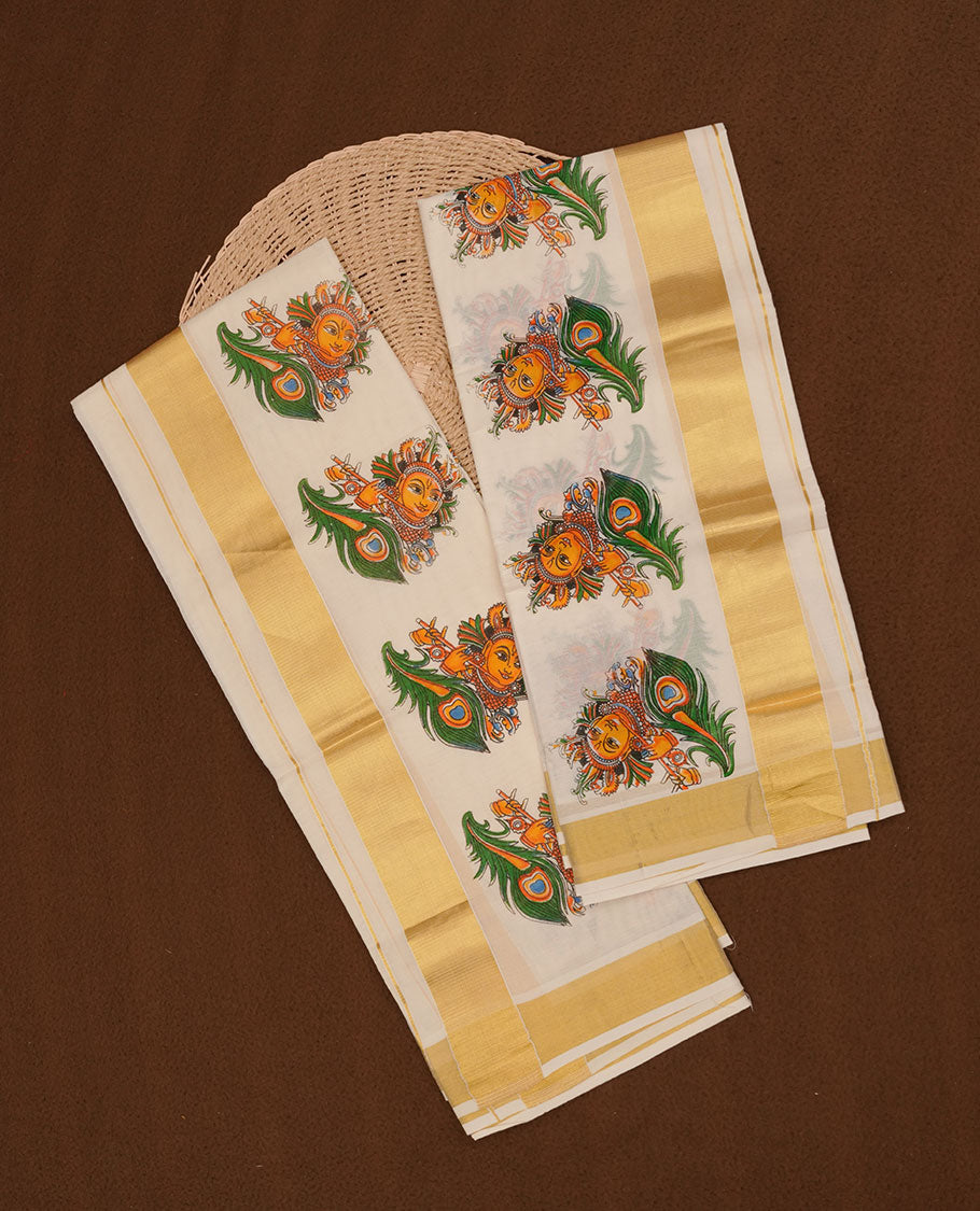 Off white colour cotton set mundu highlights gold zari border featuring krishna print across border (2.00/2.80 MTS)
