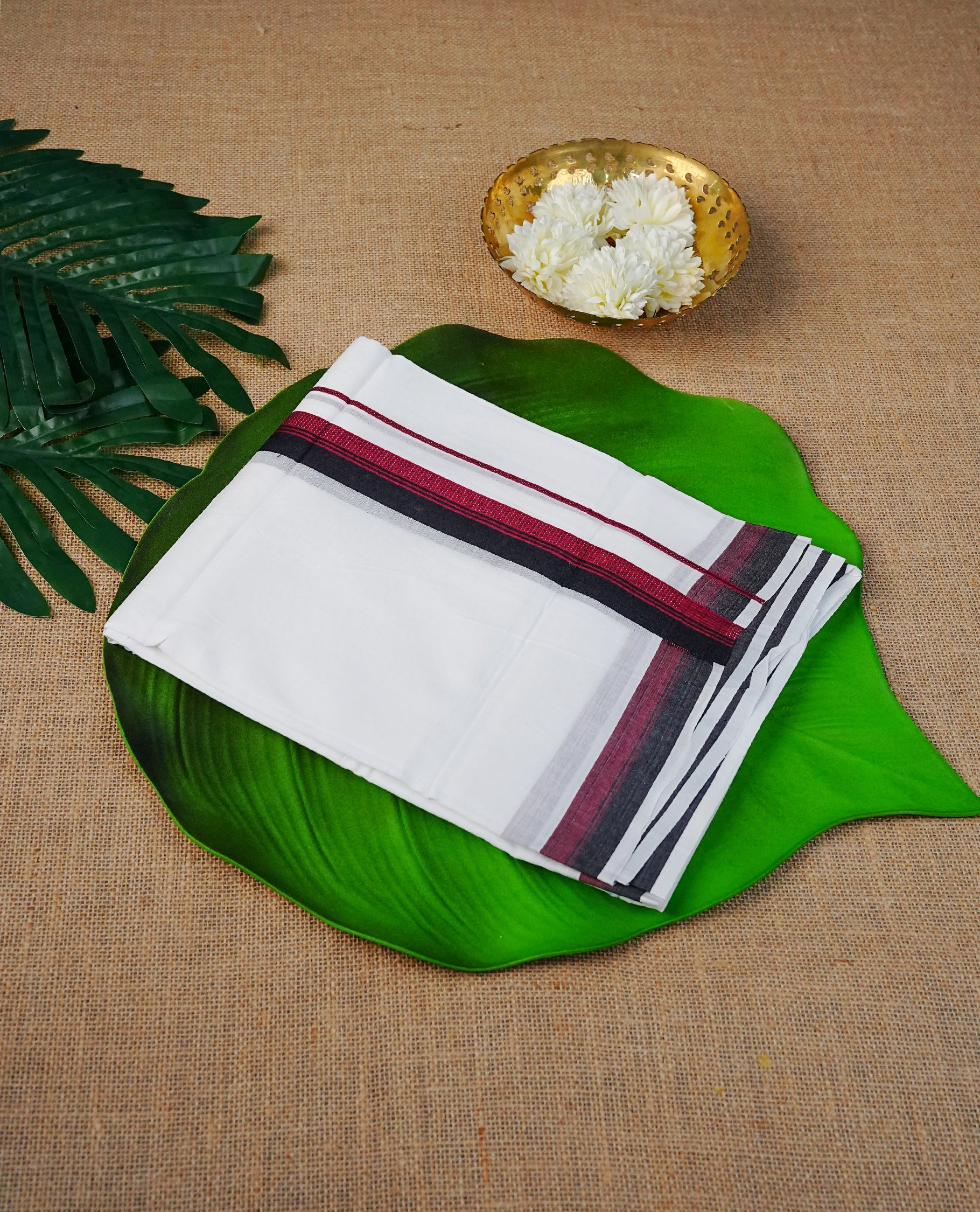 Off White Colour Cotton Double Dhoti Finished With A Classic Black & red Kara.