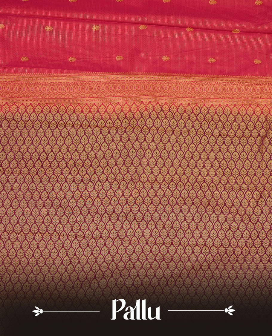 Magenta colour soft silk saree featuring Gold zari stripes on body, complemented by contrast purple colour with traditional border, paired with matching blouse piece.