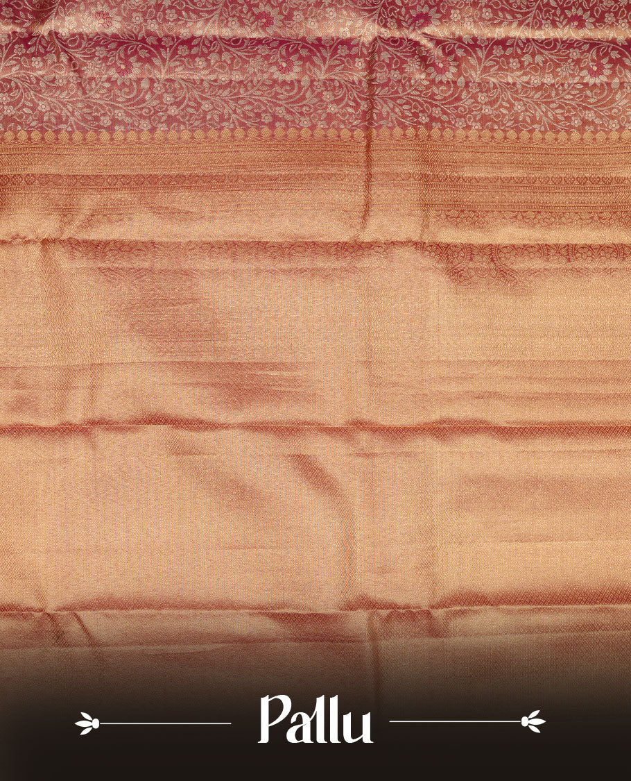 Gold & Rani pink double shade colour kancheepuram tissue silk saree featuring gold zari floral kodi pattern on body, complemented by contrast Rani pink colour with traditional border, paired with matching blouse piece.