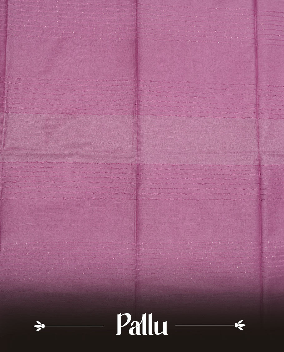 Light lavender colour semi jute saree highlighting white thread motifs on body, without border and paired with matching blouse.