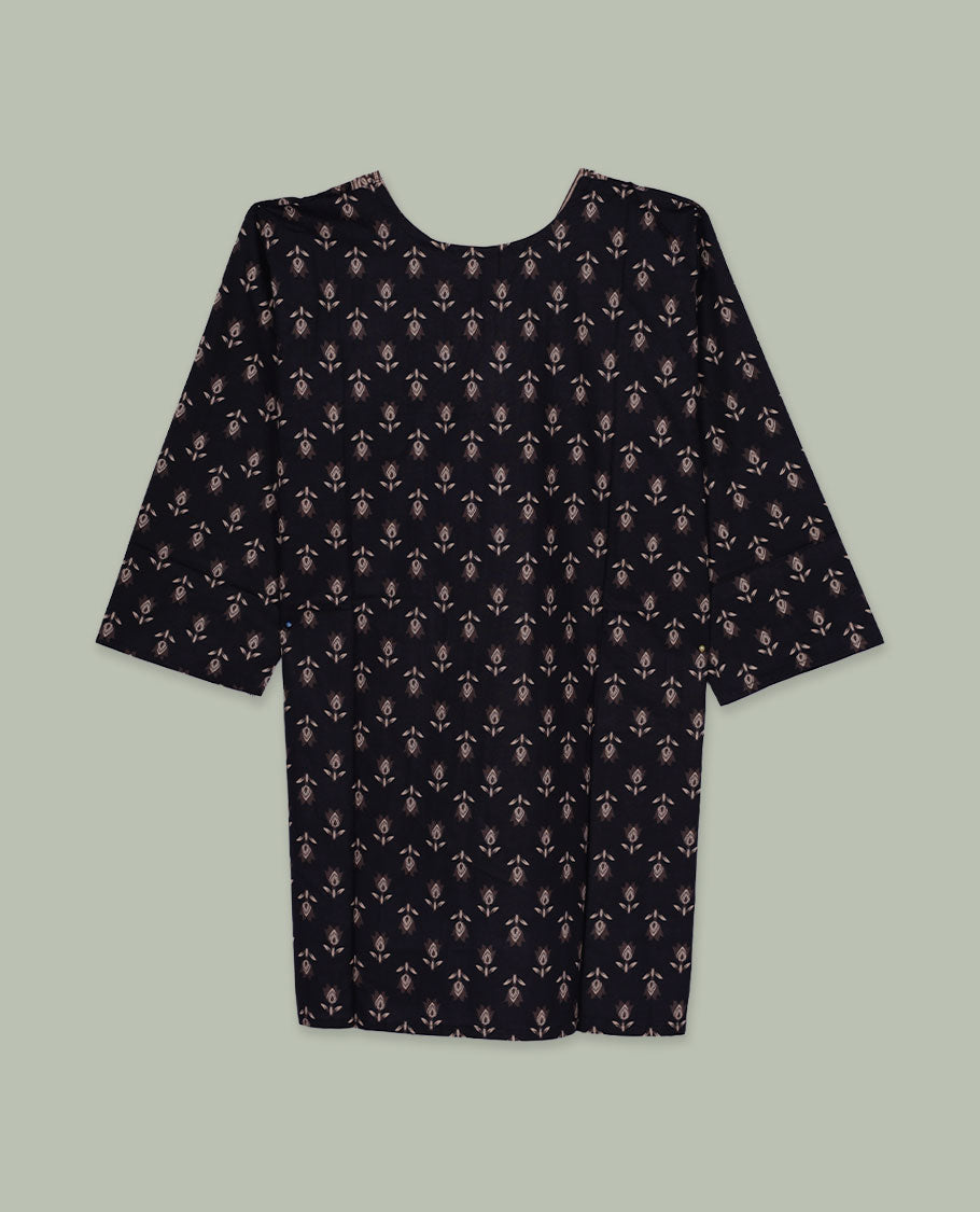 Black printed tunic top featuring an all-over ethnic motif print, V-neckline with contrast border detailing, three-quarter sleeves, and a straight, easy-fit silhouette.