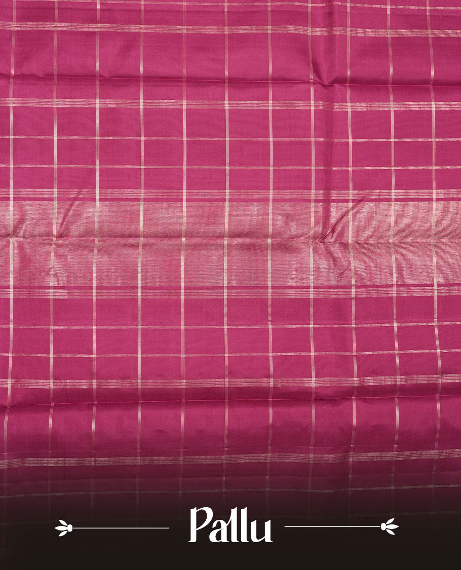 Twilight Magenta colour pure traditional Kancheepuram silk saree adorned with an elegant zari check pattern across the body, complemented by a simple zari woven border, paired with a matching blouse piece.