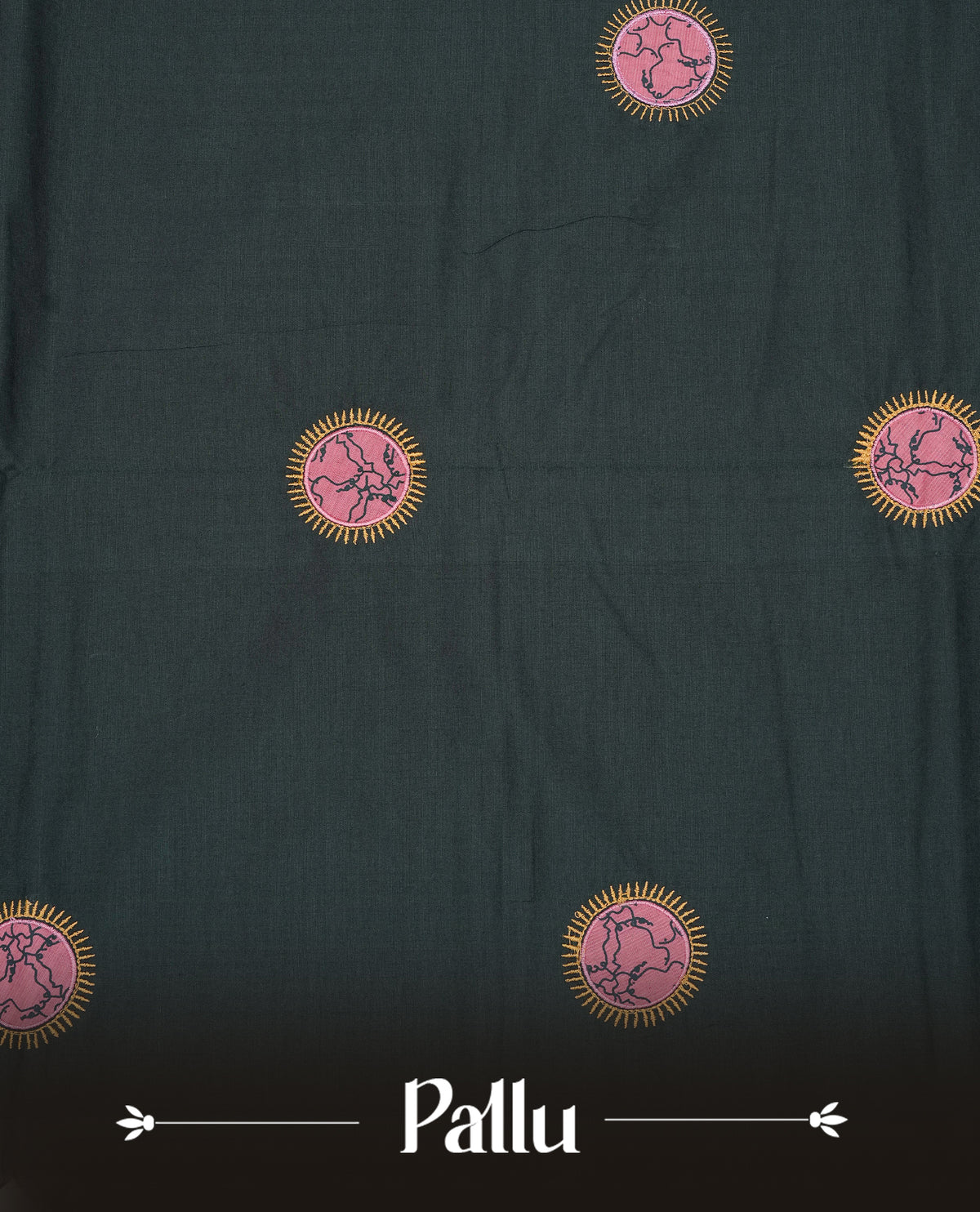 Bottle green colour Polycotton Saree featuring elegant Circle ajarkh designs on the body, complemented by a matching pallu & Paired with a contrasting printed blouse piece